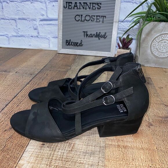 EILEEN FISHER SUEDE LEATHER STRAPPY EDGY CLASSIC BLOCK HEELS Sandals - Picture 2 of 15